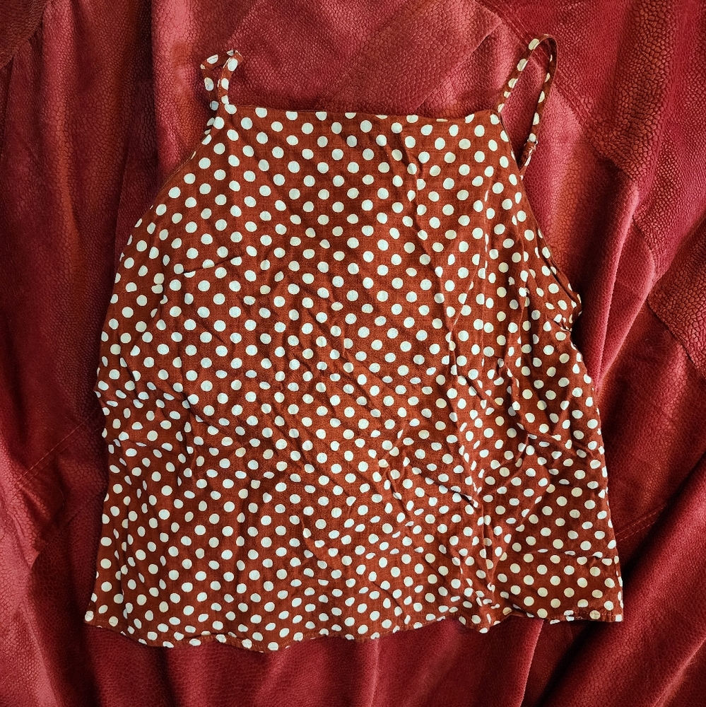 Lumière red & white polka dot tank top, size Large